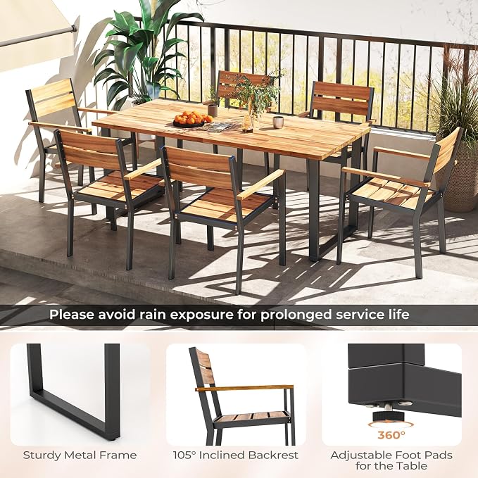 HAPPYGRILL 7 Pieces Acacia Wood Patio Dining Set with Metal Frame, Space-Saving Outdoor Furniture Set with 6 Stackable Armchairs and 63” Rectangular Table with 2” Umbrella Hole for Garden, Deck, Yard