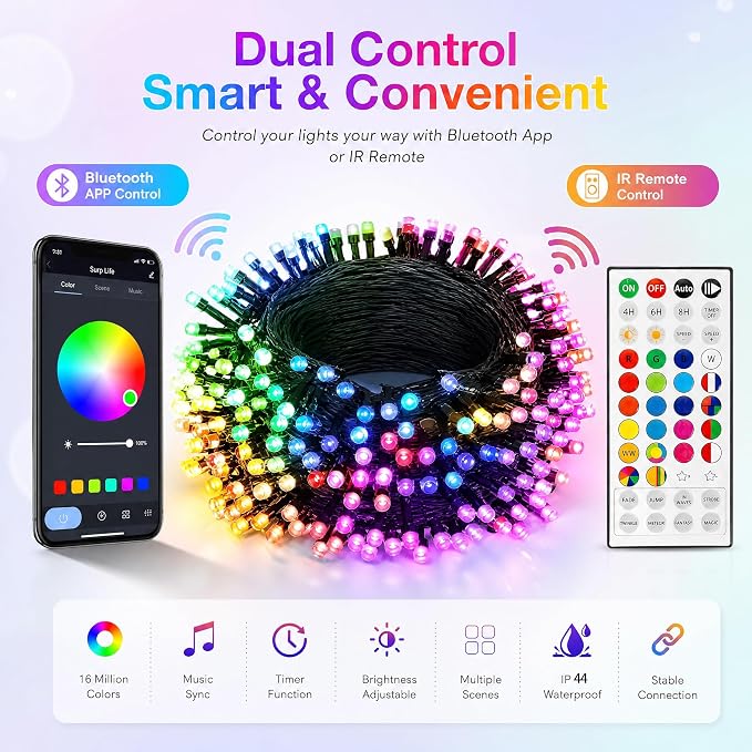 Dazzle Bright Smart Christmas String Lights, 98FT 300 LED RGB Color Changing String Lights with Remote & App Controlled, Halloween Decorations for Indoor Outdoor Holiday Xmas Tree Party Decor