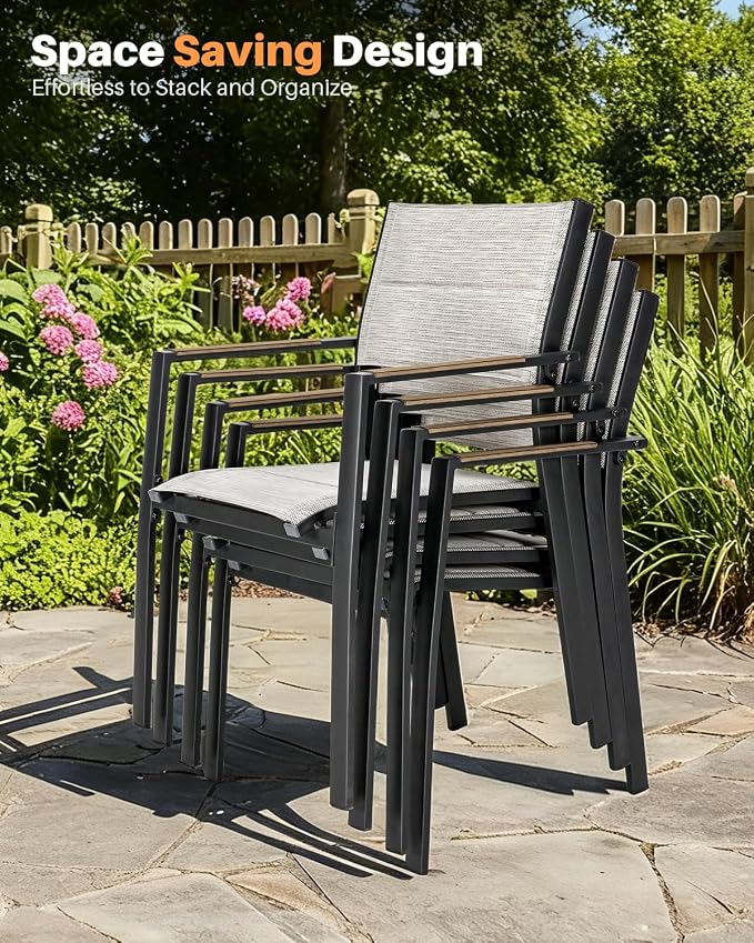Patio Stacking Dining Chairs, Never-Rust Aluminum Stackable Patio Chairs Set of 2, Upgraded 3D Double-Layer Textilene Outdoor Dining Chairs, Patio Dining Chairs for Deck, Garden, Balcony, Teak