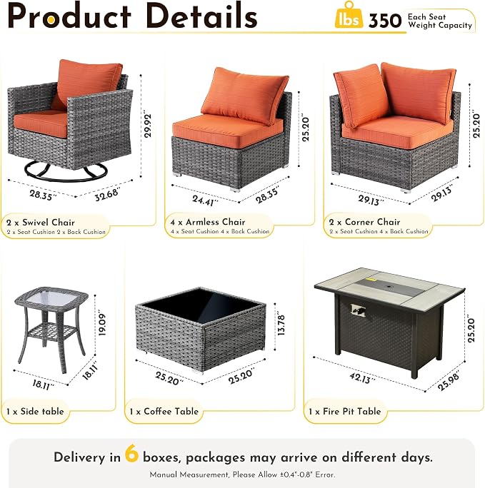 Weaxty 11 Piece Patio Furniture Set with Fire Pit Table, Outdoor Sectional Couch Swivel Rocker Patio Chairs with Coffee Table Wicker Conversation Sets for Balcony Backyard, Orange Red