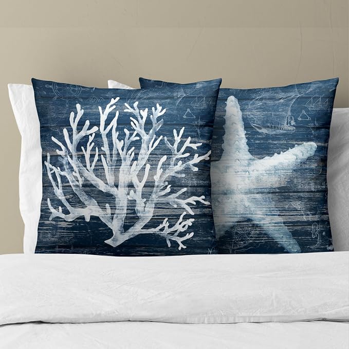 Summer Coastal Pillow Covers 18x18 Inch Set of 2, Rustic Starfish Coral Navy Blue Wood Board Printed Cotton Square Pillowcases for Couch Sofa Living Room Beach House Decor