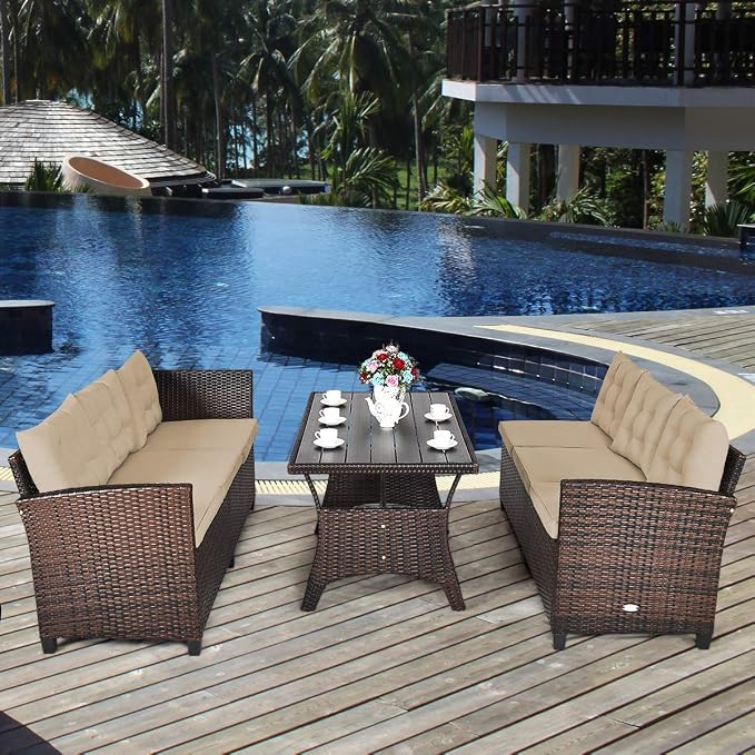 HAPPYGRILL 3 Pieces Wicker Patio Conversation Set, Outdoor Rattan Sofa Set with Cushions, Patio Furniture Set with Coffee Table for Patio Garden Lawn Poolside and Backyard