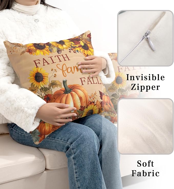 Fall Pillow Covers Pumpkin Sunflower Throw Pillow Covers Autumn Thanksgiving Harvest Pillow Case 18x18 Set of 2 Double Sided Printing Cushion Case for Couch Sofa