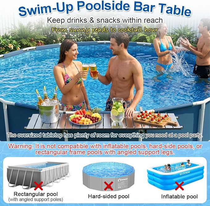 Above Ground Pool Bar, 47" x 11.7" 304 Stainless Steel Pool Bar Table for Round Above Ground Pools, Holds Ice Bucket, Great for 5-Person Family Gatherings, UV & Pool Chemical Resistant, Holds 150 lbs