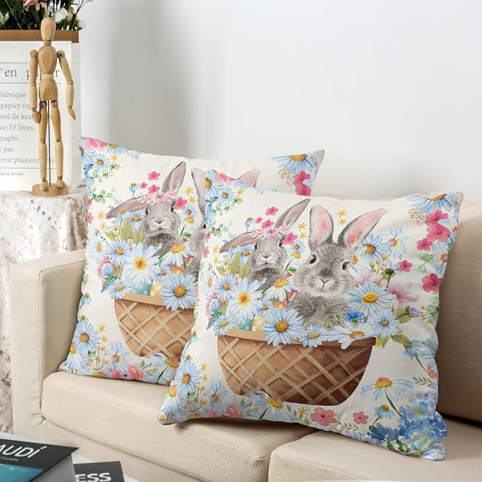 Easter Bunny Pillow Covers 16x16 Spring Rabbit Daisy Floral Throw Pillow Covers A Basket Filled with Lovely Bunny and Flowers Pillowcase Cushion Case for Sofa Patio Garden 2 Pack