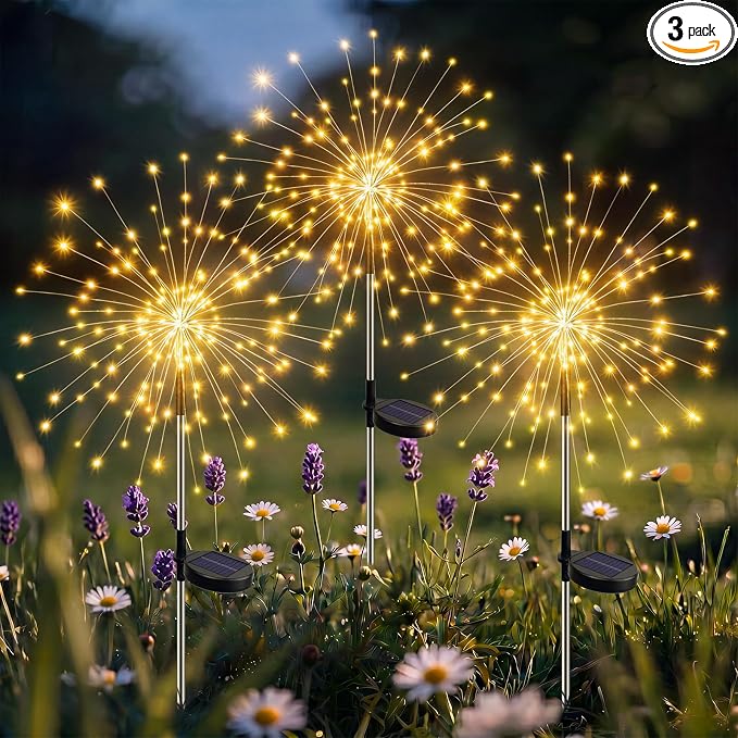 btfarm 3 Pack Solar Garden Lights Outdoor, 8 Modes Firework Lights Outside | 120LED, Waterproof Fairy Twinkle Light Solar Powered for Yard Christmas Pathway Lawn Pool Patio Decorative, Warm White