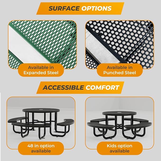 Round Metal Picnic Tables for Kids for Outdoors with Umbrella Hole, Adjustable Seats for School, Park, Playground (Brown, 38 in, Kids, Expanded Steel)