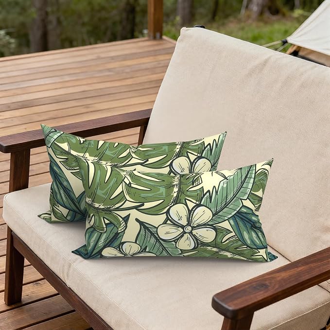 Outdoor Lumbar Pillows 12x20 Inch, Water Repellent Cushion Pillows, Outdoor Pillows with Inserts for Home Garden Pack of 2, Tropical Paradise