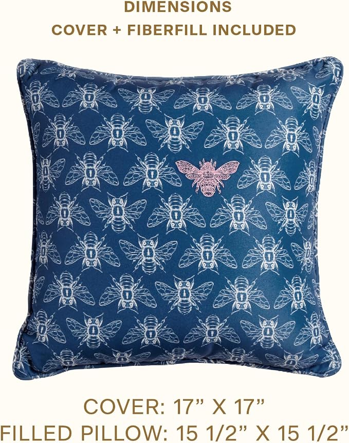 Honeycomb Indoor/Outdoor Square Toss Pillow for Patio Furniture, 17 x 17 | Nocturnal Blue Embroidered Bumble Bee Throw Pillow, Water & Fade Resistant for Patio Furniture Set