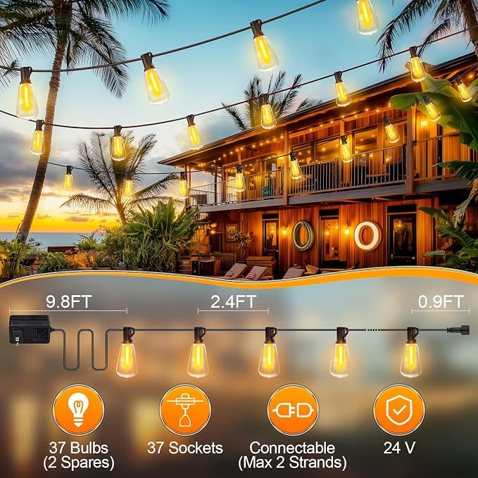 Outdoor Lights String Patio Outside - 100ft 30M LED Waterproof Light ST38 | Dimmable, Shatterproof, Hanging Lighting Edison Bulb Deck Backyard Gazebo Balcony Party Bistro Cafe Pergola Garden Yard Porch