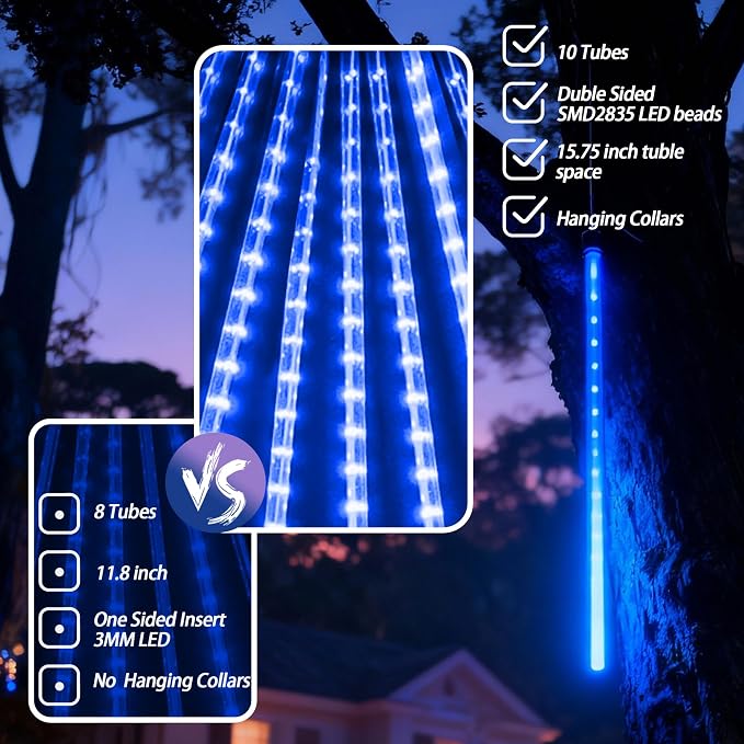 EEIEER Meteor Shower Lights, 11.8 inches 10 Tubes 240 LED Christmas Meteor Lights Snowfall Light for Outdoor Decoration, Waterproof Falling Rain Drop Light for Garden Tree Party Holiday-Blue