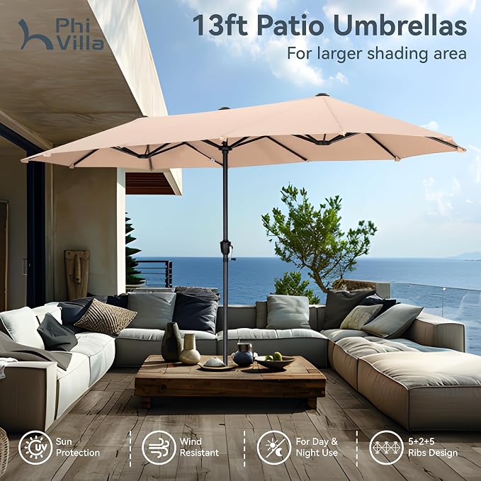 PHI VILLA 8 Pcs Outdoor Dining Set with 13ft Umbrella, Mesh Patio Chairs | 59'' rectangular metal table, 6 textilene chairs and 13ft beige umbrella(NO BASE), all-weather for deck, garden, backyard