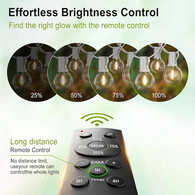 White Outdoor String Lights 30FT (1FT Apart) Remote for Patio Wedding Party | Connectable Waterproof Outside Lighting with 28 Globe Bulbs Remote Dimming & 3 Modes,Timmer for Porch Bistro Fence Backyard