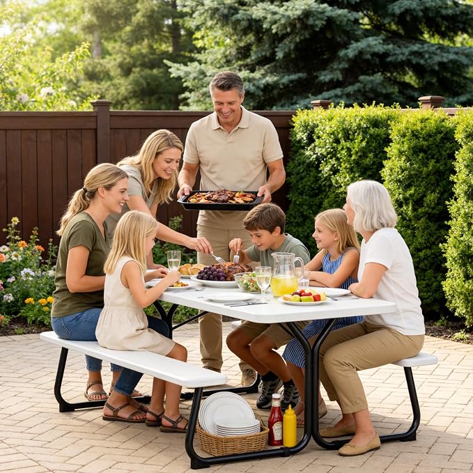 Picnic Table, 6 FT Outdoor Picnic Table with Benches for 8 People, Heavy Duty Picnic Bench Set with Steel Frame, 600LBS Capacity, Patio Dining Table Set for Backyard, Park, Garden, School