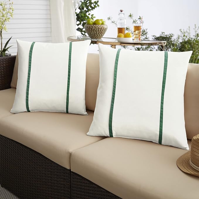 Sorra Home x Sunbrella - Indoor/Outdoor Square Pillows (Set of 2), Canvas Natural Ivory & Forest Green