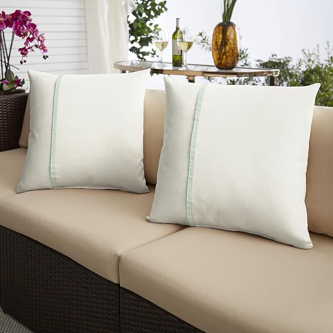 Sorra Home x Sunbrella Indoor Outdoor Square Pillows, Set of 2, 16x16, Canvas Natural Ivory & Light Spa Green