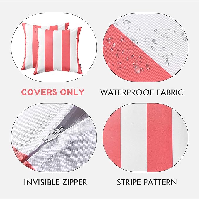 Pack of 2 Decorative Outdoor Waterproof Striped Throw Pillow Covers 12x20 | Pink,Solid, Polyester Linen Garden Farmhouse Cushion Cases for Couch Sofa Patio Tent Balcony
