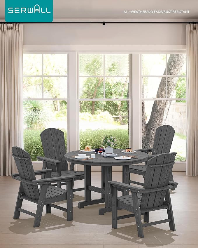 SERWALL 6-Piece Patio Dining Sets with Umbrella, HDPE Outdoor Table and Chairs Furniture Set, 45" Round Dining Table & 4 Adirondack Dining Chairs & 1 9FT Umbrella, Grey(Not Include Umbrella Base)
