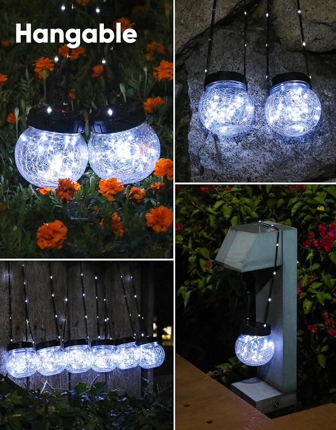 Solar Lights Outdoor Waterproof 12-Pack, Solar Powered Hanging Lantern Cracked Glass Hanging Globes for Yard Decor Christmas Decoration, Shepherd Hook, Garden Tree Ornaments, Cold White