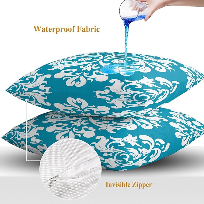 Outdoor Waterproof Pillow Covers for Patio Vintage Floral Teal Decorative Throw Pillow Cover Rustic Pillowcases Set of 2 Cushion Case for Sofa Couch Chair 18x18 Inch