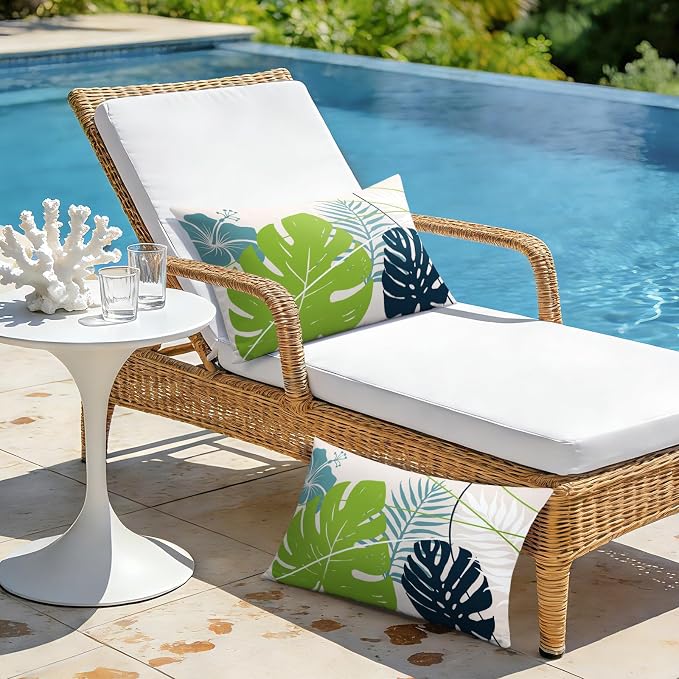 OTOSTAR Outdoor Waterproof Throw Pillow Covers 12x20 Inch Set of 2 Double-Sided Light Green Blue Tropical Leaf and Flower Spring Summer Decorative Pillow Cases for Patio Funiture Garden Balcony Couch