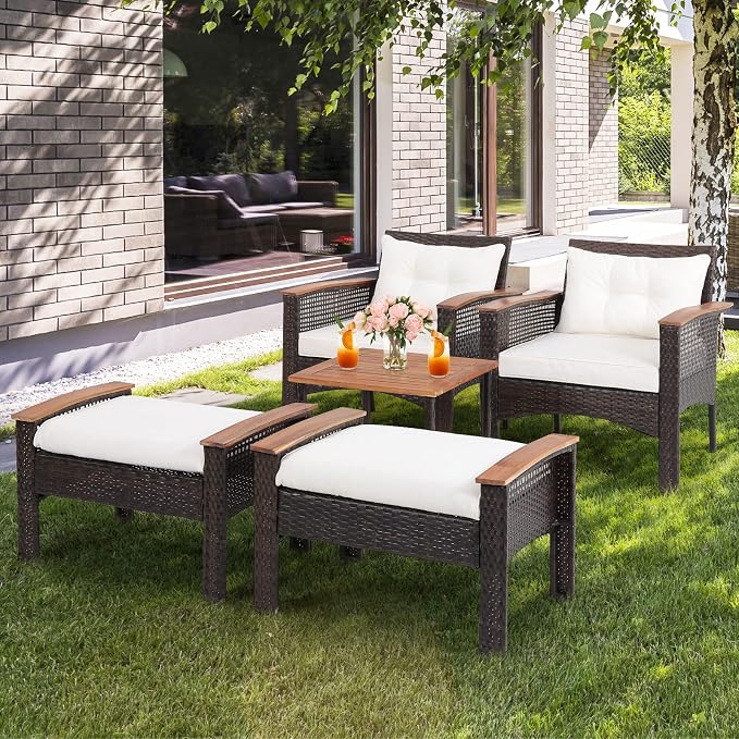 HAPPYGRILL 5 Piece Patio Rattan Sofa Set Outdoor Wicker Conversation Set with 2 Chairs, 2 Ottomans & Coffee Table, All-Weather Wicker Sofa Set for Poolside Backyard