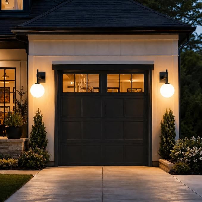 Hyunbae 18.1" Dusk to Dawn Outdoor Wall Sconce, Black Modern Exterior Light | White Globe Glass Shade, E26 Front Porch Light, Photocell Sensor, Garage Patio Entryway Use, IP65 Wall Mount Waterproof