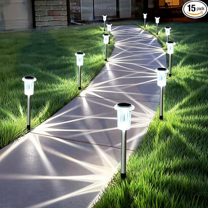 15 Pack Solar Pathway Lights Outdoor Waterproof, Cool White LED | Solar Lights Outdoor for Yard Garden Outside Walkway Driveway Landscape Lighting, Auto On/Off Stainless Steel Stake Lights
