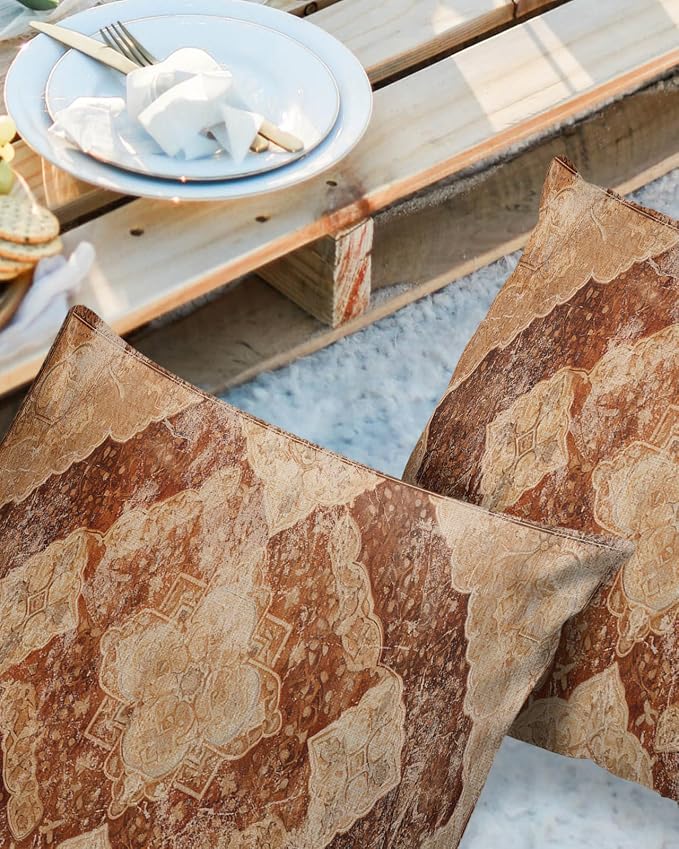 Outdoor Waterproof Pillow Covers Set of 2, Meddle Century Vintage Brown Mural Pattern Patio Throw Pillow Covers, Decorative Cushion Case for Couch Sofa Furniture Garden, 24x24 Inch