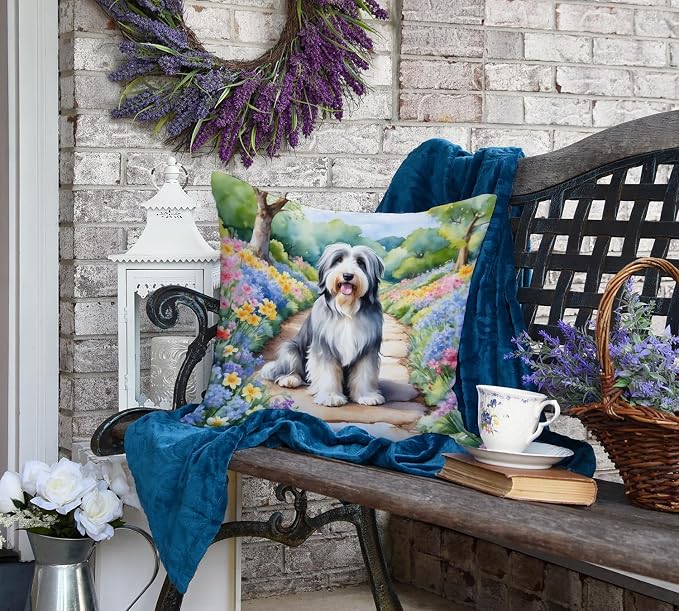 Caroline's Treasures Bearded Collie Spring Garden Throw Pillow Machine Washable, Indoor Outdoor Decorative Pillow for Couch, Bed or Patio, 18Hx18W