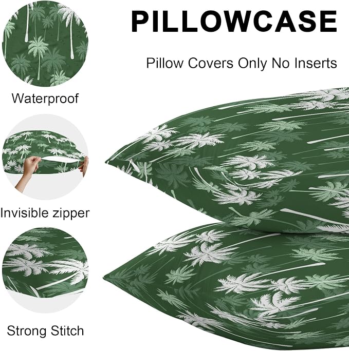 Throw Pillow Covers 24x24 Inch Set of 2, Tropical Palm Tree Waterproof Outdoor Pillow Covers, Green White Plants Coastal Leaf Beach Decorative Cushion Pillowcases for Couch, Sofa, Bed, Garden, Patio