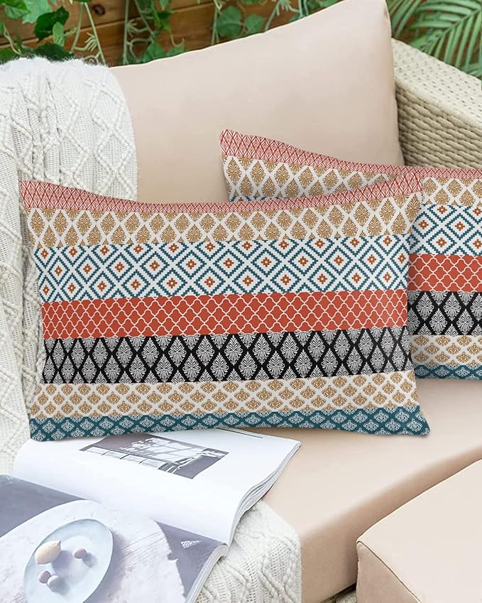 Outdoor Waterproof Throw Pillow Covers Boho Stripe Tribal Vingtage Lumbar Pillowcases Bohemian Style Pattern Decorative Pillows Cushion Case Patio Pillows for Couch Bed Garden 20 x 12 Inches