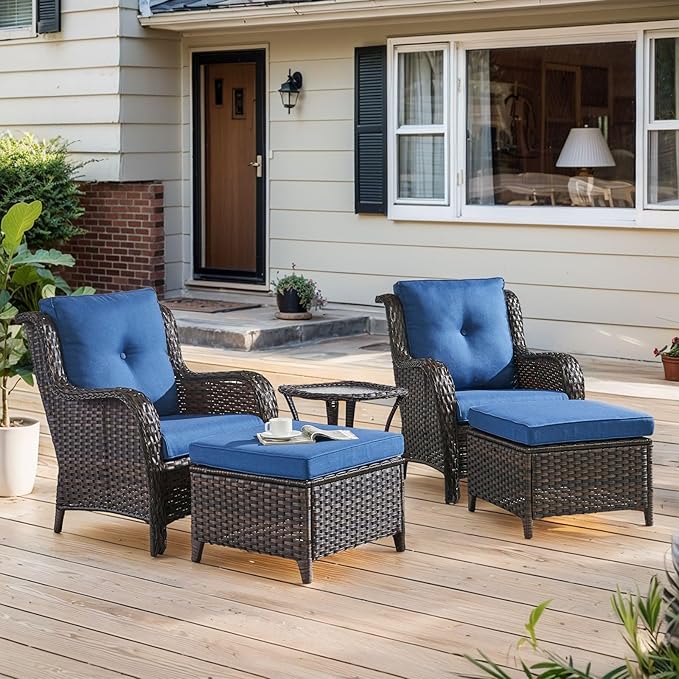 Belord Outdoor Furniture Set Patio Wicker Chairs, 3 Peices Porch Rattan Furniture with Side Table, Deep Seating Patio Bistro Chair Sets (Blue Cushion)
