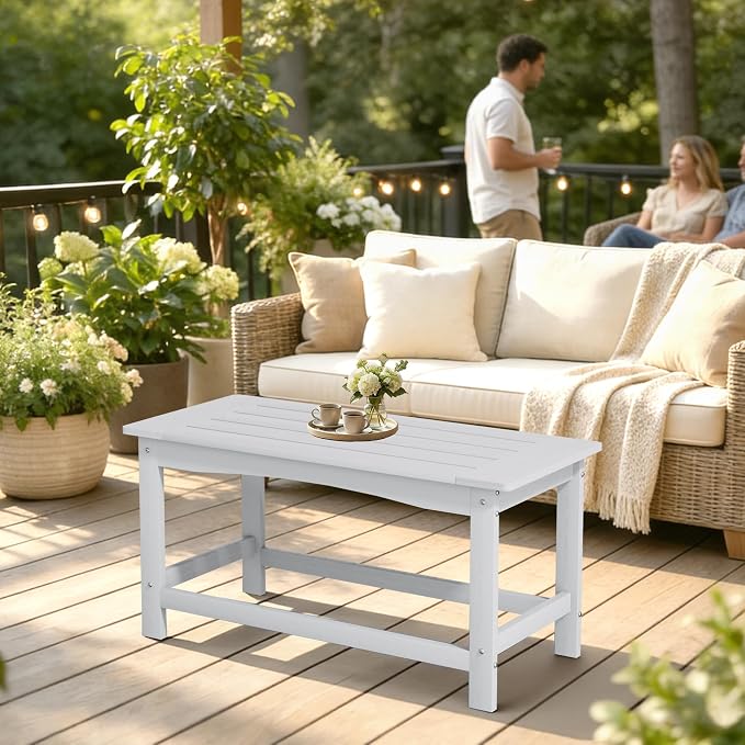 White Outdoor Coffee Table for Patio 35.4 x 17.5 x 16.1 Poly Lumber | 250 lb All-Weather HIPS Rectangle Patio Table, Stainless Steel Hardware, 1-Year Warranty for Deck Balcony Porch Poolside