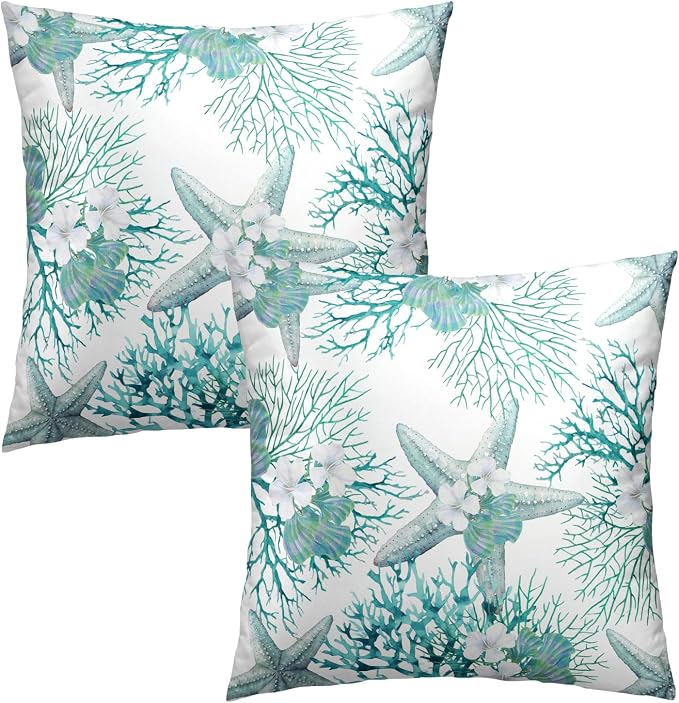 Nautical Coastal Throw Pillow Covers 20x20 Set of 2, Summer Ocean Beach Coral Floral Decorative Pillow Cases Cotton Cushion Cover for Home Sofa Couch Wedding Anniversary Decor