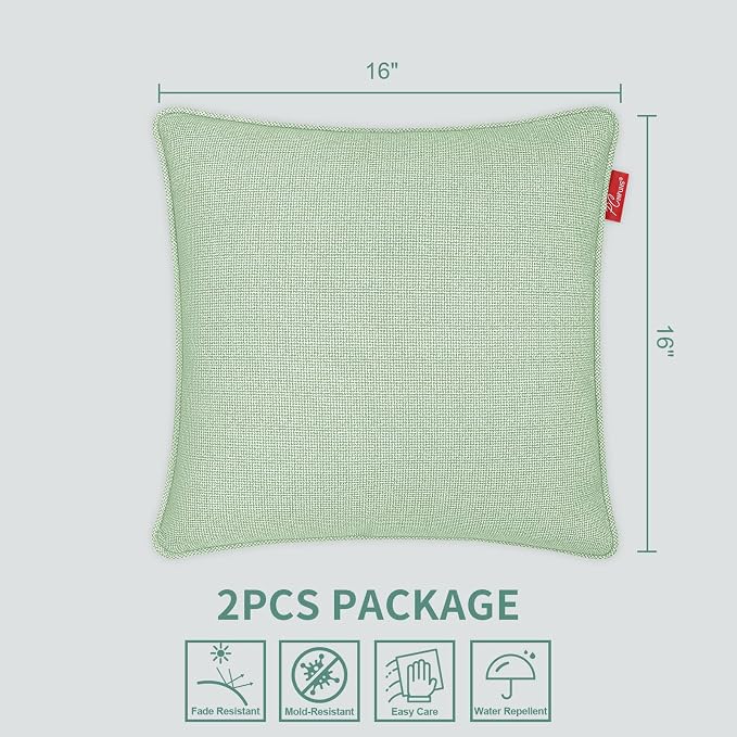 Pack of 2 Outdoor Throw Pillows,16x16 Inch All-Weather Water-Resistant Patio Pillows with Inserts,Decorative Pillows for Patio Furniture,Couch,Sofa,Poolside,Light Green