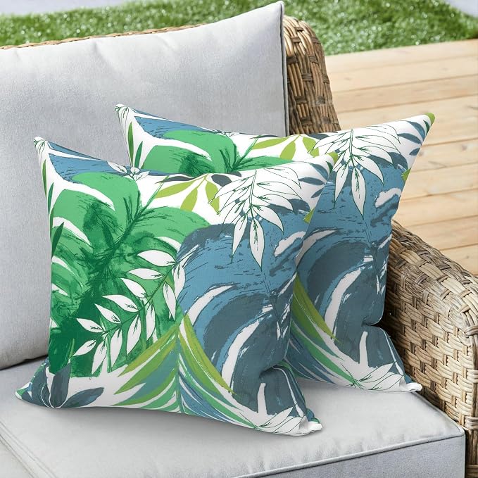 Outdoor 16x16 Inch Throw Pillow Covers Set of 2, All Weather Square Pillow Cases, Covers ONLY Patio Cushion Pillow of Home Furniture Use, Islamorada Blue Green