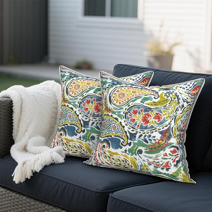 Outdoor Throw Pillows Inners, Fade Resistant Patio Furniture Square Pillows with Piping Set of 2 for Patio Furniture, 18x18 Inch, Paradise Paisley