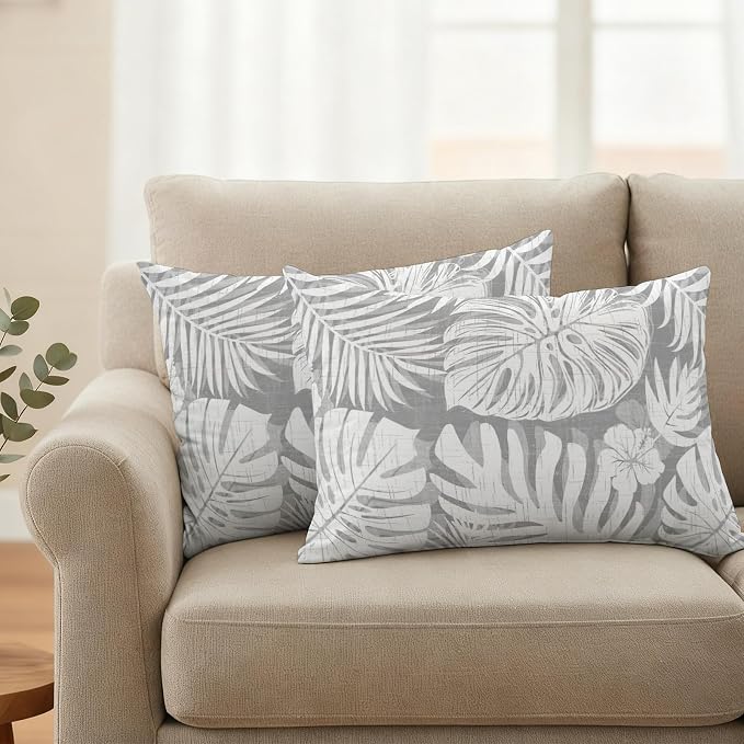 Light Grey Palm Leaves Outdoor Pillow Covers 20"x12" Set of 2, Tropical Botanical Modern Minimalist Waterproof Throw Pillow Covers for Patio Furniture, Decorative Cushion Covers for Porch