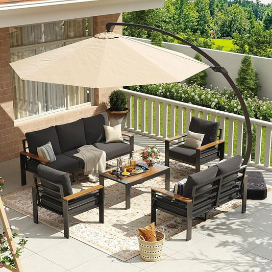 Aoxun Aluminum Patio Furniture Set with Umbrella 7 Seats, Oversized Outdoor Sectional with Washable Thick Cushions, Coffee Table, Patio Conversation Sets for Porch, Balcony, Deck