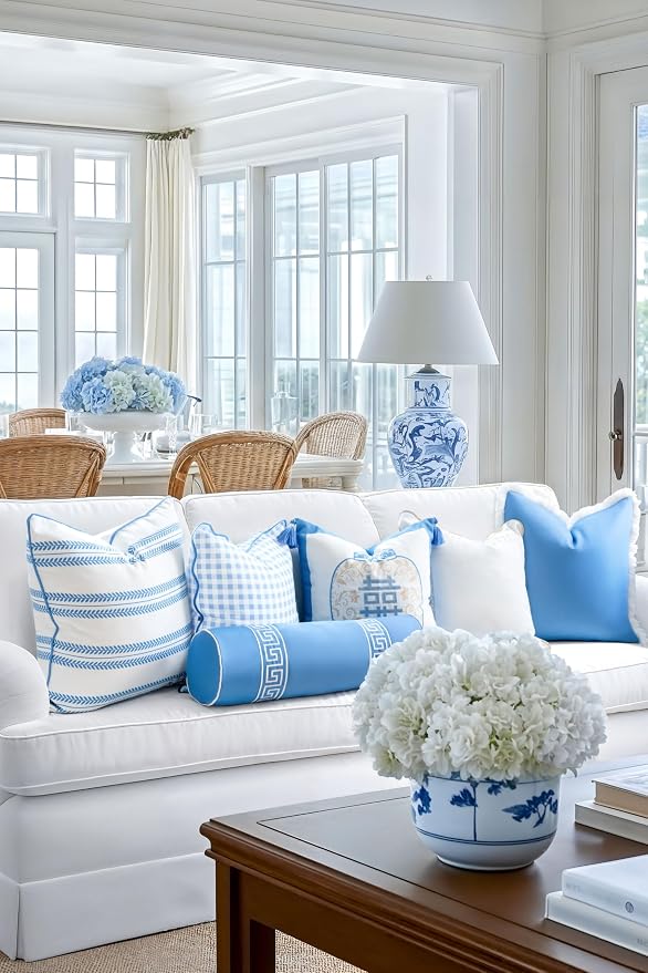 Hofdeco Premium Coastal Hampton Patio Indoor Outdoor Throw Pillow Cover Only, 22"x22" Water Repellent for Backyard, Couch, Poolside, Azure Blue Print Leaf Striped