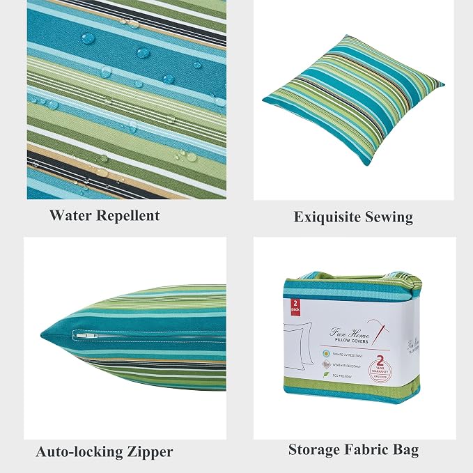 FUNHOME Outdoor Pillow Covers 18x18 Inch Pack of 2, No Insert-Green Stripe | Square Throw Pillow Covers, Water-Repellent, Modern Pillow Cases for Sofa Patio Couch Decoration