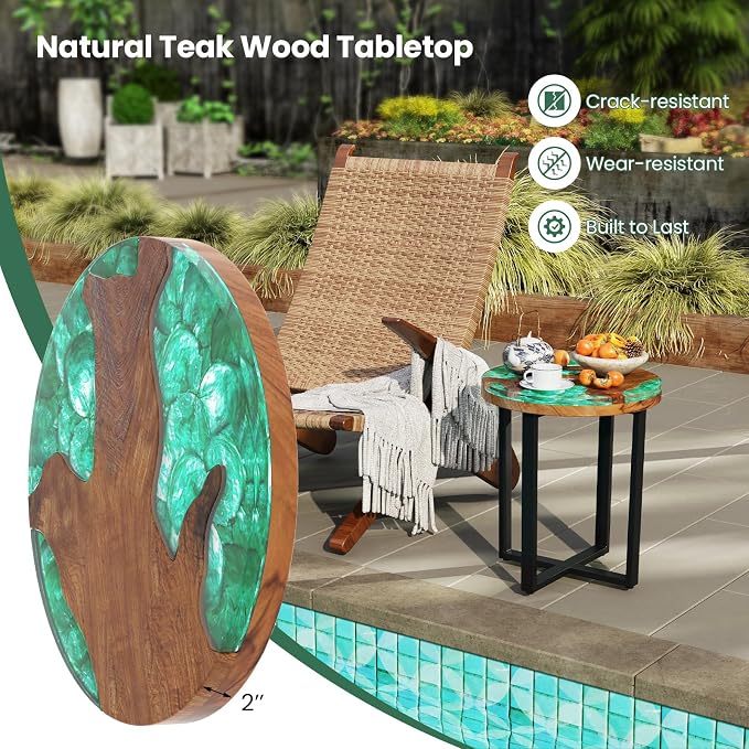 Giantex 20” Teak Wood Outdoor Side Table - Round End Table with Epoxy Resin Tabletop, Solid Live Edge, Mahogany Base, Rustic Sofa and Couch Table for Patio, Porch, Poolside, Living Room, Yard, Brown