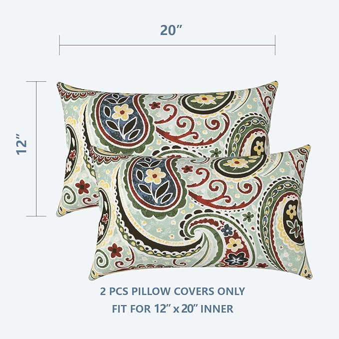 LVTXIII Outdoor Lumbar Pillow Covers Only Set of 2 Patio Decorative Pillow Cases, Water Repellent Lumbar Cushion Cases for Sofa, Patio Couch Garden Use, 12x20 Inch, Paisley Lightcyan