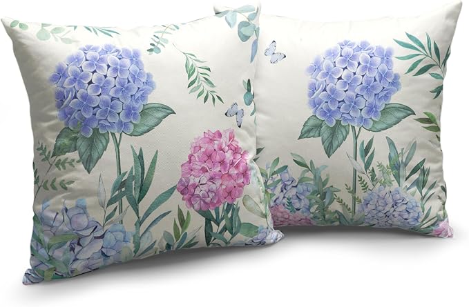 Watercolor Sping Flower Throw Pillow Covers Set of 2 Blue and Pink Hydrangea Pillow Case 24x24 Summer Floral Butterfly Cushion Case for Indoor Outdoor Patio Car