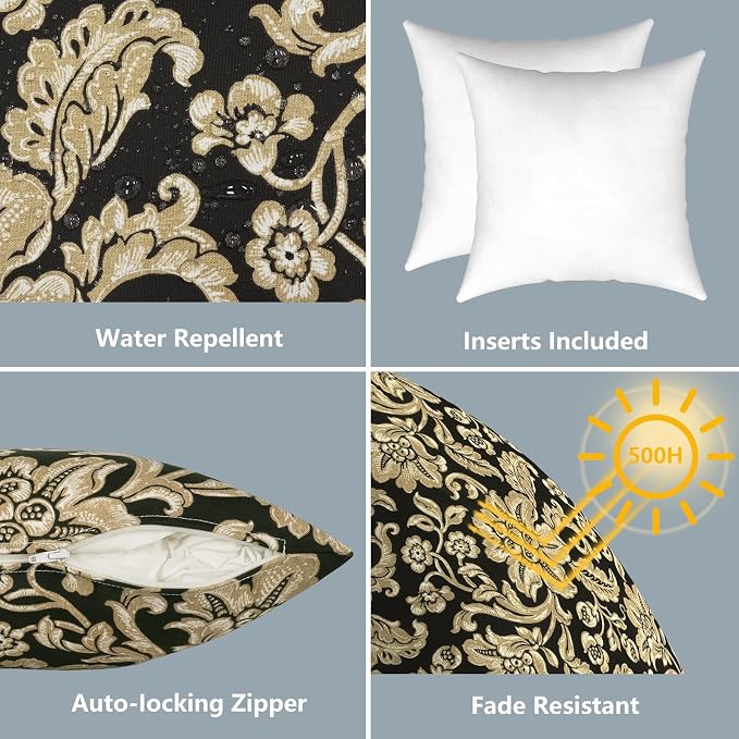 LVTXIII Outdoor Throw Pillows 16x16 Inch, Set of 2 Square Decorative Pillows with Inserts for Patio Furniture, Porch Chair, Garden Sofa, Jacobean Black