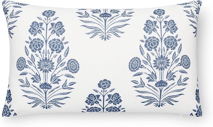 California Casual Coastal Indoor Outdoor Lumbar Pillow Cover, 12"x20" Water Repellent for Patio, Backyard, Couch, Poolside, Azure Blue Print Floral