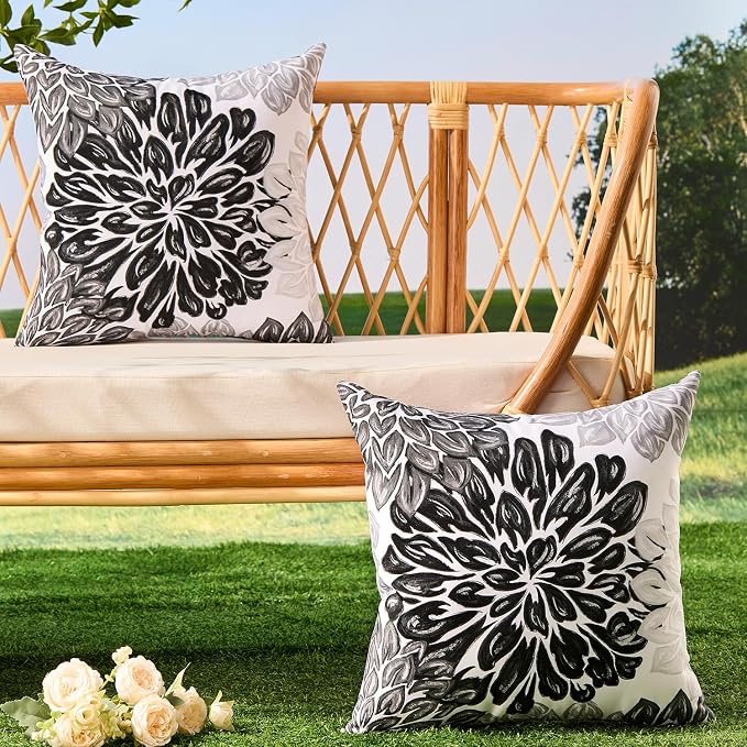 Allorry Outdoor Pillow Covers 18x18 Set of 2 Vintage Black Flower Pattern Decoration Throw Pillow Covers for Summer Fall Outdoor Waterproof Garden Patio Sofa Bedroom Home Decor JB012-E18