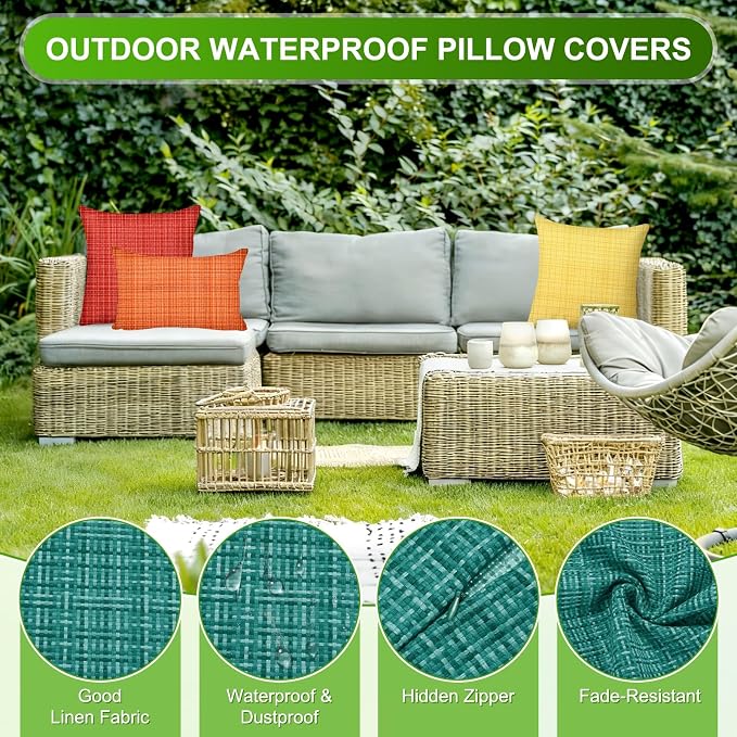 M METERXITY 2-Pack Outdoor Waterproof Throw Pillow Cover, 16x16 Inch Linen Weaving Texture Decorative Cushion Cover for Patio/Balcony/Garden, Water Resistant Pillow Case [Teal]