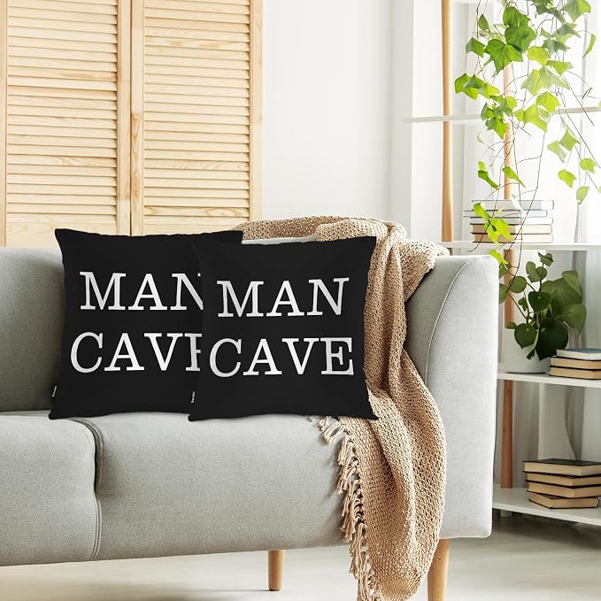 Swono Man Cave Home Decorative Throw Pillows Covers, Funny Quote Set of 2 Outdoor Pillow Case for Livingroom Bedroom, Boho Pillow Cushion Covers for Man Woman 18"X18", White Black